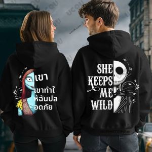 ฮาโลวีนฤดูใบไม้ร่วงฤดูหนาวดิสนีย์ฝันร้ายก่อนคริสต์มาสแซลลี่&แจ็คพิมพ์เสื้อคู่รักสำหรับผู้ชายผู้หญิงเสื้อโอเวอร์ไซส์