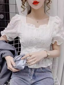 French Style Short Sleeve Ruffled Top Squared Collar