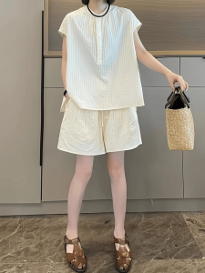Shalldoer | Casual Texture Short Sleeve Shirt And Straight Leg Shorts Two Piece Set Womens Fashionable Summer Outfit Lazy Feelings Ensemble