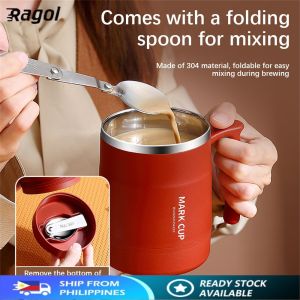 Ragol 500ml Stainless Steel 304 Coffee Mug With Folding Spoon and Lid Creative Office Home Milk Tea Breakfast Handle Cup