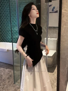 Shalldoer | Bộ đồ hai mảnh mùa hè cho nữ dáng ôm eo cắt xẻ tay ngắn màu trắng thường ngày váy nửa thân