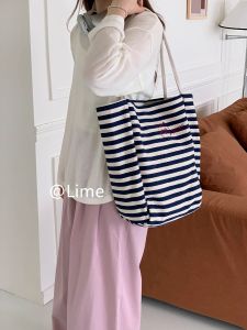 2024 New Simple Striped Canvas Tote Bag Large Capacity Handbag Womens Lazy Style Embroidery Canvas Shoulder Bag Casual Fashion