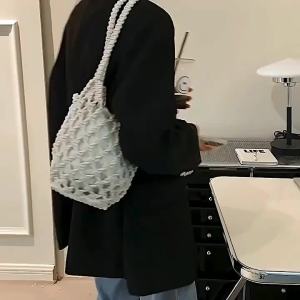 Summer Straw Bucket Bags For Women Handmade Drawstring Beach Shoulder Bags Raffia Rattan Woven Handbags Vacation Shopping Bags
