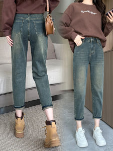 Retro Nano Blue Denim High Waist Womens Jeans 145cm Short Size Spring Autumn New Style Seven Parts Straight Old Dad Pants