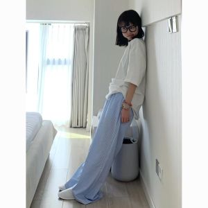 Blue Vertical Striped Pants Womens Summer Thin Draping Wide Leg Leisure Pajama Pants Pants Cool Summer Walking Pants