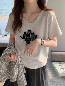 White round Neckbone T-Shirt Simple Elegance Short Sleeve Summer Loose Casual Pure Cotton Shoulder Appropriate Trendy Top