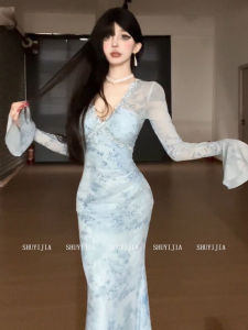 Slim Fit Floral Print Dress V-Neck Bell Sleeve Long Skirt Korean Style High Waist Trousers for plus Size Women Autumn Wear