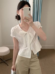 Sweet Butterfly Knot Short Sleeve Shirt Womens Korean Style Summer Shirt Waist Cinching Miniature Top PPHOME Polyester Fiber