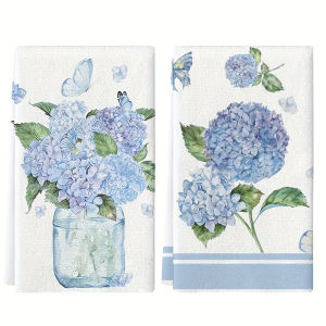2-Piece Blue Hydrangea Print Towels - Ultra-Soft Highly Absorbent Lightweight Kitchen and Bathroom Towels Suitable for Cooking Baking and Draining - Modern Home Decor Housewarming and Birthday Gifts with an Extremely Soft Texture