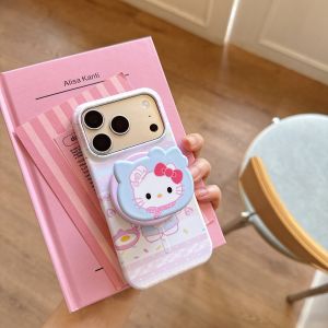 Sanrio | Chef Hello Kitty Magnetic Phone Case With Bracket Cute Pink Stripe Hard Shockproof Protective Cover For iPhone 15 16 17 Pro Max