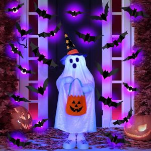 Halloween LED Bats Spider Decor Glow in Dark 3D Wall Stickers Purple/Green Lights for Indoor Outdoor Halloween Party Scares