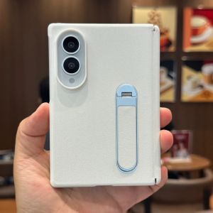 Fashion Plain Leather Kickstand Case for Samsung Galaxy Z Fold 8 Wide Tempered Glass Screen & Hinge Protector Shockproof Cover
