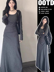 French Style Long Sleeve Grey Dress Womens High Waist Slimming Draping Long Dress Over-Knee Autumn Winter Inner Wear Dress