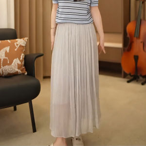 XIANGHOUMINCHU | Slim Fit High Waist A-Line Midi Skirt Pleated Light Gray