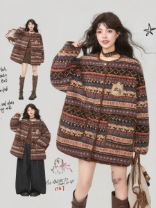 KEIKO | Áo Khoác Đông Phong Cách Vintage Fair Isle Lông Cừu Giả Đệm Bông