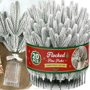 20x Christmas Pine Needle Branches Flocked Snowy Artificial Pine Pick Cypress Leaf Flocked Pine Xmas Tree DIY Wreath Snow Twig Decor