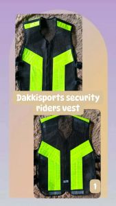 Dakkisports security riders vest with neon green reflective panels for visibility.