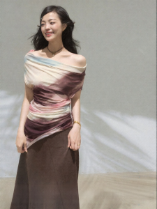 KEIKO | Artistic Dye Irregular Off-Shoulder Ruched Fitted Womens Top