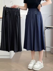 กระโปรงทรงเอเอวสูงผ้าแคนวาสผสมไหมสไตล์เกาหลีแฟชั่นฤดูร้อน สำหรับผู้หญิงไซส์ใหญ่ กระโปรงทรงเอเอวยางยืด กระเป๋า