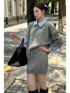 SHANGSHA | Elegant Chic Faux Two-piece Dress Gray