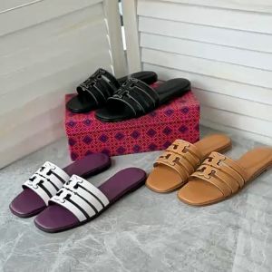 Summer 2025 one-piece outerwear TB flat slippers womens sandals genuine leather soft surface casual one-line beach shoes