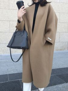 Export Letian Japanese and Korean Womens Clothing Woolen Outwear Autumn and Winter Loose Plus Size Mid Length Long Length Pure Color Straight-leg Woolen Overcoat