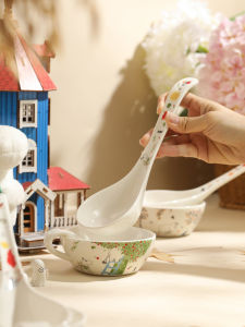 LOTUS BLUE | Big Soup Spoon With Long Handle Home Use Ceramic Includes Dish