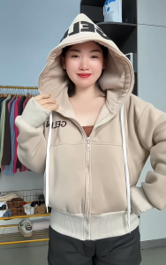 Áo khoác nỉ form lửng 4 túi thêu chữ GELIN nón to vải dày mềm mịn khóa kéo cao có bao tay xỏ ngón chống nắng