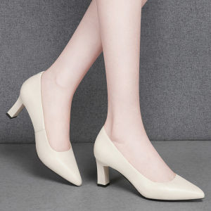 รองเท้าส้นสูงสีขาว สำหรับผู้หญิง ทรงหัวแหลม หนังแท้ พื้นยาง สวมใส่สบาย รองเท้าแฟชั่นฤดูใบไม้ผลิและฤดูใบไม้ร่วง