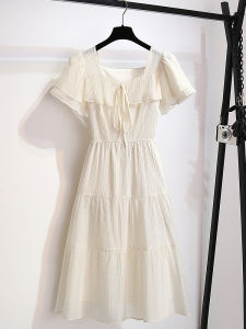 Slimming Tencel Dress in Apricot with Square Collar Womens Summer New Style Thin Waist-Cinching Long Skirt French Style Pure Color