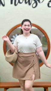 A17 กระโปรงรอบตัวกางเกงขาสั้นผ่าหน้าแต่งกระดุมไม้ ผ้ายืดวูลเวฟใส่สบายคุณภาพดีเอว34-54