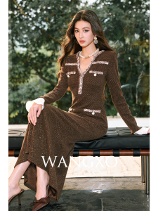 WANGXO | Đầm Xòe Dây Kéo V-neck Phong Cách Sang Trọng Màu Bạc Be