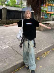 American High Street Trendy Letter Black Short Sleeve Womens Summer Loose Lazy Design Pure Cotton Top T-shirt Korean Style Commute