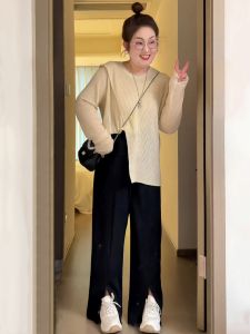 Plus Size Womens Clothing Stylish Split Long Sleeve Knitwear Womens Autumn Plus Size Ladies Slim Looking Belly Covering Chic Bottoming Shirt Tops