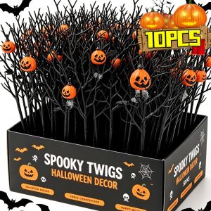 10Pcs Halloween Spooky Pumpkin Branch Ghost Festival Artificial DIY Black Maple Leaf Party Bouquet Ornaments Home DIY Vase Props