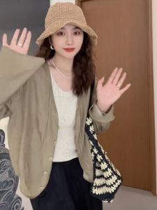 เสื้อเชิ้ตผู้หญิงแขนยาวผ้าฝ้ายลินินกันแดดทรงหลวมสบายๆ ฤดูร้อน 2025 เสื้อเชิ้ตคอวีแขนยาวทรงตรงสีพื้น