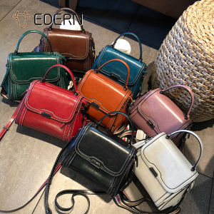 EDERN 2024 New Genuine Leather Womens Shoulder Bag Retro Fashion Crossbody Bag Oil Wax Cowhide Handbag Sling Bag Ladies Messenger Bag