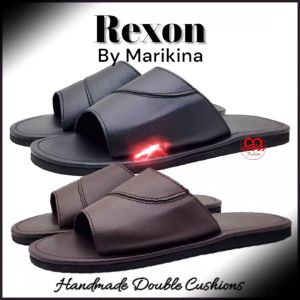 Marikina Rexon Mens double-cushion and stitched Open-Toe leatherette non-slip slippers (Black & Brown)