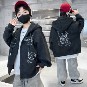 Boys Spring Autumn Hooded Jacket Stylish Childrens Clothing Cotton Blend Fabric Korean Style Zipper Closure Letter Pattern
