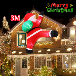 10FT Inflatable Happy Hanging Santa With Gift Bag Built-in 5 LED LightsFor Indoor Outdoor Windows BalconiesLawn Decorations