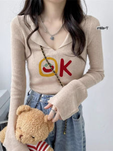 Oatmeal Color Knitted Long Sleeve V-Neck Womens T-Shirt Slim Fit Sweet Style Base Shirt Korean Version Commute Style Top