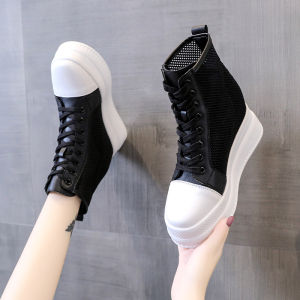 Giày Bốt Martin Lưới Màu Trắng Cho Nữ Mùa Xuân Hè Phong Cách Hàn Quốc Đế Dày Tăng Chiều Cao Lưới Thoáng Khí Giày Bốt Ngắn