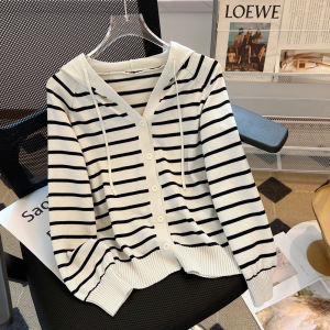 Slim Fit Knitted Hat Coat Womens Autumn Thin Stripe Open Cardigan Korean Style Long Sleeve Regular Length Single Button