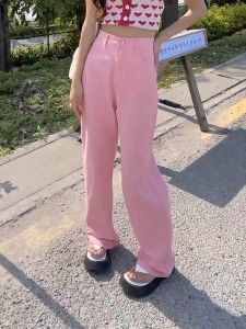 Pink wide leg jeans women straight leg loose spring and autumn new high waist slimming lengthened color draping mop pants