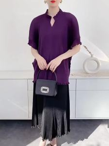 S-984F# One Size (45-75kg) Summer Peplum Top Female Ruffled Short Sleeves Turtleneck T-Shirt