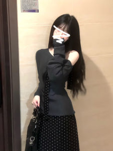 Gray French Style Knitted Dress Set Womens Autumn Winter High Waist A-Line Skirt Long Sleeve Pure Color Fashion Sensation