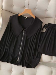 ชุดลำลองแฟชั่นฤดูใบไม้ร่วงไซส์ใหญ่ ชุดกระโปรงยาวเอวสูง คอตั้ง แขนยาว กระดุม ชุดทำงานสำหรับผู้หญิง