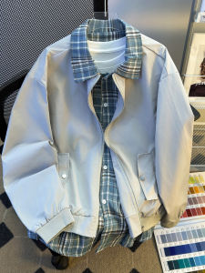 แจ็คเก็ตสไตล์บอมเบอร์คอโปโลสองชิ้นสำหรับผู้ชาย ฤดูใบไม้ผลิและฤดูใบไม้ร่วง สไตล์ย้อนยุค สวมใส่สบาย สไตล์อเมริกัน เสื้อโค้ทสำหรับคู่รัก