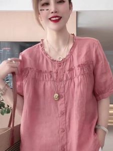Cotton Linen Short Sleeve Shirt Women Summer New Style Unique Beautiful Young Model Button up Casual Comfortable Top