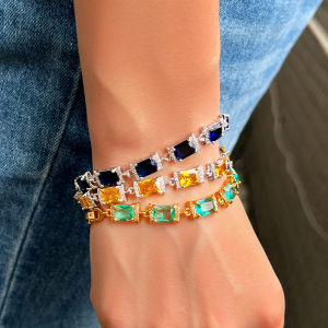 SEQUITO เครื่องประดับข้อมือผู้หญิงสุดหรูสีเหลืองชุบทองการตั้งค่าปูสีฟ้าเพชรสังเคราะห์ AAA สร้อยข้อมูล คลิกที่ละเอียดอ่อนจัดเลี้ยงเสื้อผ้าเครื่องประดับ B219